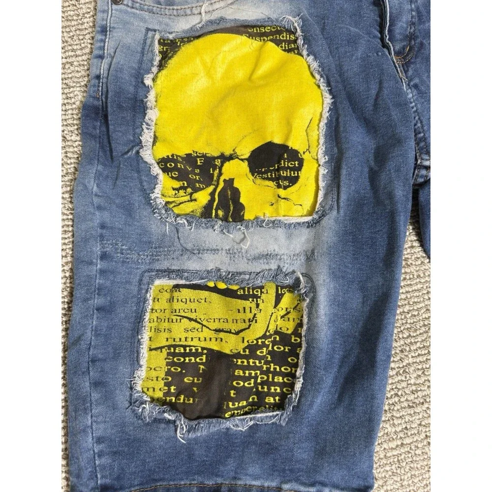 Xway Kapri Shorts Mens 38 Waist Denim Graphic Distressed Y2K Acid Wash